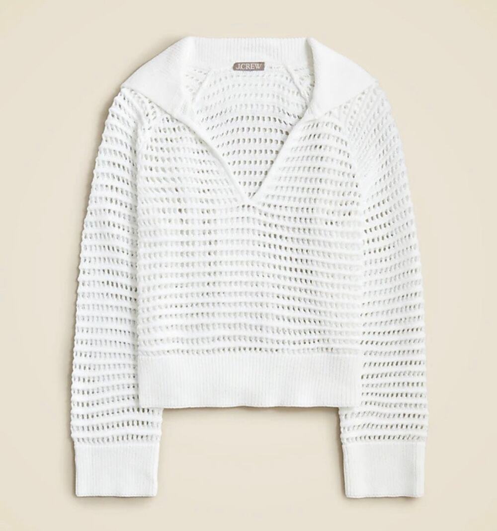 J Crew White Crochet Sailor Collared Sweater Open Knit Medium Classic EUC